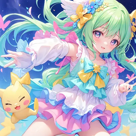 masutepiece, (1girl em), idolmaster,Parece divertido com um grande sorriso， ((Rosto em close-up)), olhos grandes, It looks like the eyes are shining、Kawaii Tecnologia, kawaii, fofo, pastels colors,Hair color is pastel、 (best quality),Mystical deep sky back...