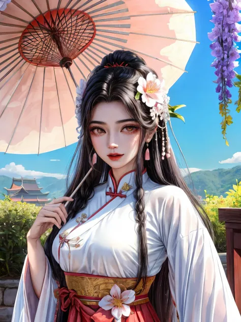 There is a woman in a red dress holding a white umbrella, Traditional Chinese white umbrella, cena de neve selvagem, uma menina em Hanfu, Hanfu, menina chinesa, mulher chinesa, China-style, Hanfu branco, xale vermelho, neve, distant scene a peach blossom t...