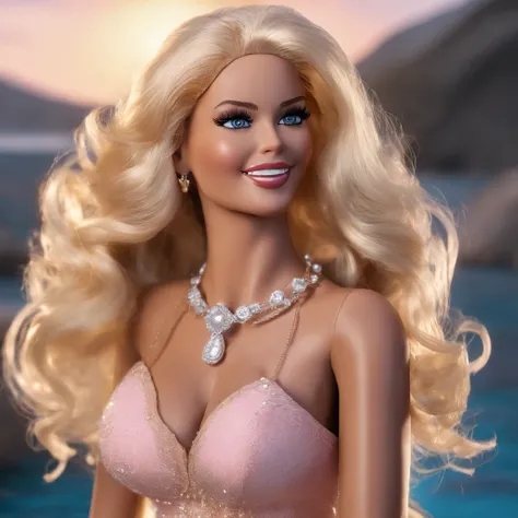 plastic barbie girl laughing real hard, gorgeous, Flawless, young, arrogant, confident, realistic blond hair, thin, bikini, tiara, looking at viewer, curated, sweaty, flirting, necklaces, rings, pearls, romantic date night, waterfall, from below, close-up,...