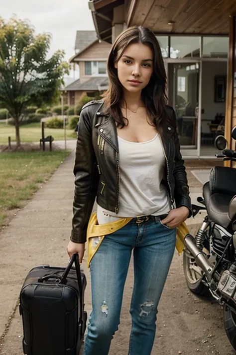 Make a woman with big breast, yellow leather riders jacket, with open zipper, t-shirts, with face, body, Lakeside house, travel bag, dog, and motorbike behind here