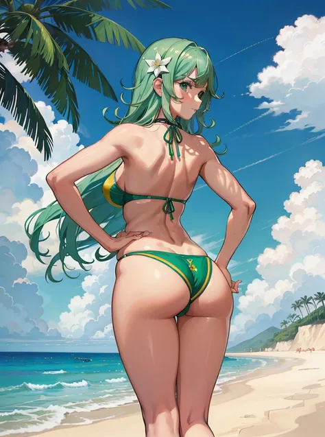 Arafed woman in bikini posing on a beach with palm trees, Tatsumaki de Um Soco Homem, Cudesexyrobutts, Tatsumaki, Artgerm extremamente detalhado, por Kentaro Miura, realistic bikini, green bikini, commission for high resolution, em uma praia ensolarada, po...