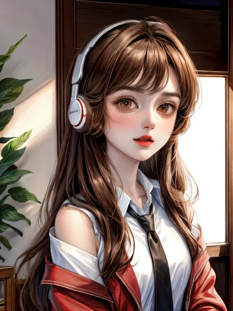 (masterpiece, best quality:1.2),illustration,8k,hd,1girl,solo,upper body,(portrait:1.2), brown_eyes,blush,bangs,headphones,brown_hair,breasts,very_long_hair,black_hair,collared_shirt,white_shirt,long_sleeves,red_necktie,blue_jacket,sleeves_past_wrists,off_...