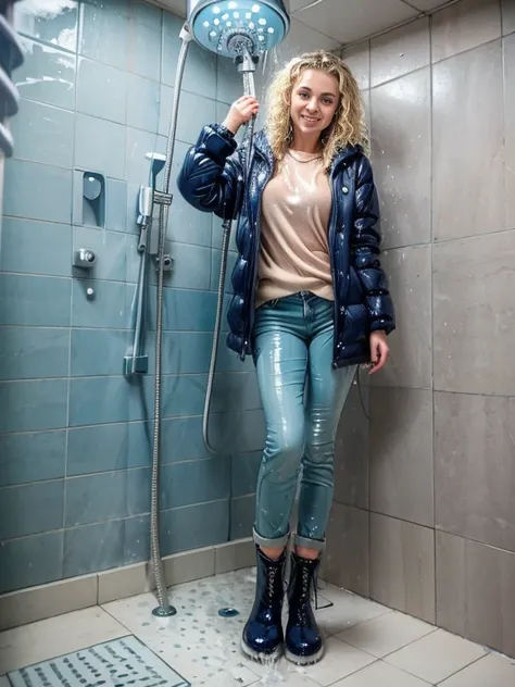 woman taking a shower in puffy winter coat and tight sweater and navy blue jeans and lace up ankle boots with block heel, ((wet hair)), soaking wet, SoakingWetClothes, ((standing under the shower head)), (((show ankle boots))), inviting smile, water pourin...