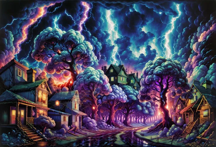 magical sheepmade of thunder, scolding magical ram made of lightning,destroying,trees,farms,houses,people,stormy sky,furious expression,devastation,fearful villagers,crackling energy,burning debris,ruined landscapes,thunderbolts,lightning strikes,chaos,