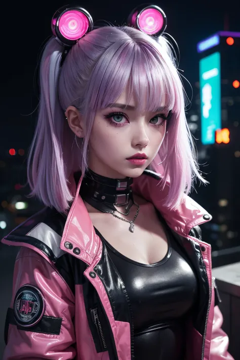 lucy (cyberpunk), 1girl, hair scrunchie, hime cut, silver hair, colored tips, full moon, grey eyes, jacket, long sleeves, looking at viewer, medium hair, multicolored hair, parted bangs, parted lips, pink hair, portrait, red eyeliner, red lips, solo, white...