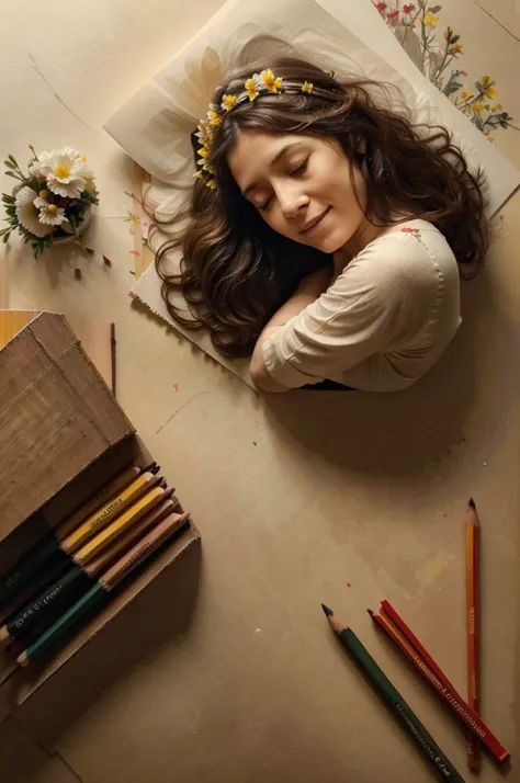 ((top view)) closed eyes , dreaming , little smiling , Italian mom, with flowers on her head , in the style of classical paintings , organic and naturalistic compositions ,soft light  red and yellow ,((paper and pencils on background )), indoor scene ,  se...