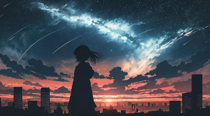 anime,silhouette,1girl, star (sky), cloud, cityscape, building, city, outdoors, skyscraper, city lights, night, night sky, sunset, skyline