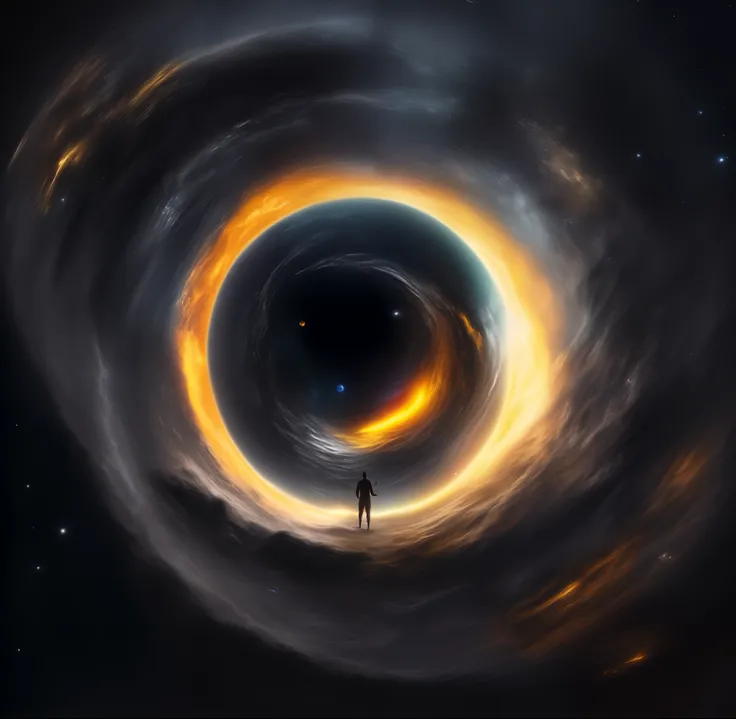 imagem arafada de um homem parado em um buraco negro, portal luminoso do buraco negro, portal do tempo do buraco negro, is being drawn into a blackhole, Portal do infinito interestelar, Portal para outro universo, portal in space, saindo de um buraco negro...