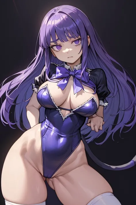 (masterpiece),best quality, frederica bernkastel, dress, purple hair, bowtie, tail bow,tail ornament, cat tail,blank eyes, inexpressive face, persistent stare, ((Tight leotard)), ((sexy pose)), ((Wrestling ring)), (Big tits), (Wide hips),