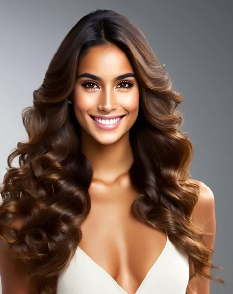 chica de piel morena, long, wavy brown hair, ojos marrones y una sonrisa radiante.