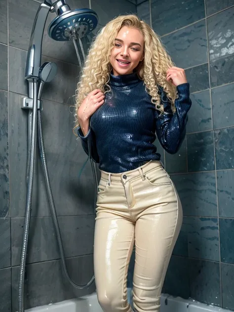 woman taking a shower in (puffy winter coat) and tight sweater and navy blue jeans and stiletto heel boots, ((wet hair)), soaking wet, SoakingWetClothes, ((standing under the shower head)), (((showboots))), inviting smile, water pouring through clothes and...