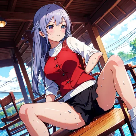 Solid red fancy cut shirt with crisp buttons、long hair you dream of、hair color is light purple、sitting on chair with spreading legs、full body Esbian，rounded thighs，Black miniskirt，legs open yoga、Large Open Legs Pose、Panchira、Her pussy is visible through th...