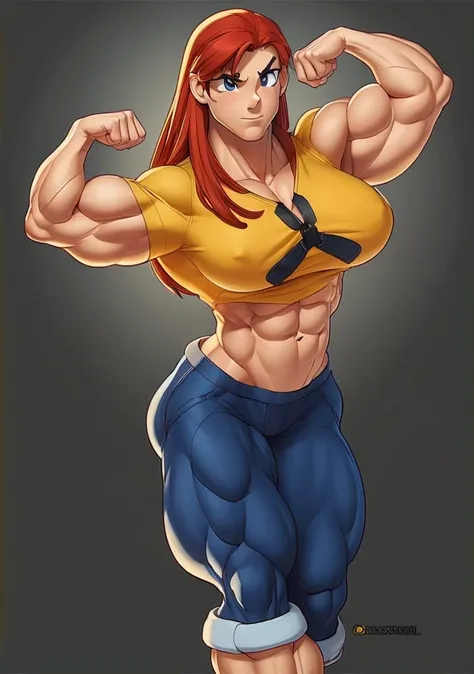 a cartoon of a young red-headed woman with a muscular body and a yellow shirt, muscular girl, muscular character, bursting with muscles, huge muscles, big muscles, massive muscles, large muscles, muscular!!, strong pose, muscular, muscular ultraviolent wom...