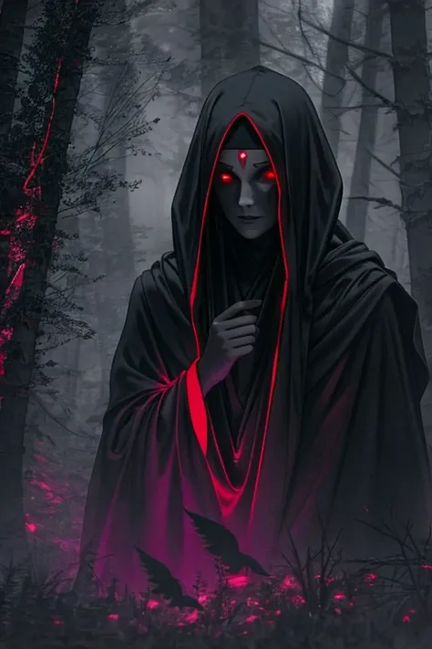 In foggy forest at night，cultist or，They wore black robes and turbans，Shameless to see you，In the distance lies corpses，A translucent ghost floats above the corpse，red edge light，Glowing red eyes，scary dark atmosphere，Evoke fear，SENSE OF CINEMA，Best qualit...