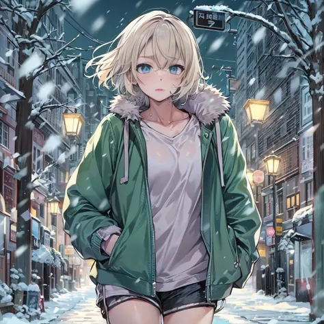 2D Anime Style、Blue eyes、breasts are slightly larger、A cool adult woman with short blonde hair is walking on a snowy night road with a cool expression.., Wear sweat tops that show your stomach, Sweatshorts