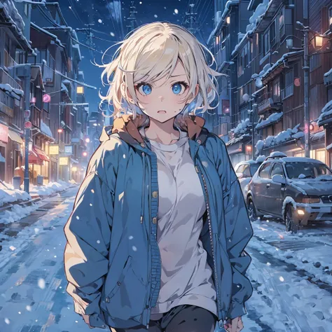 2D Anime Style、Blue eyes、breasts are slightly larger、A cool adult woman with short blonde hair is walking on a snowy night road with a cool expression.., Wear sweat tops that show your stomach, Sweatshorts