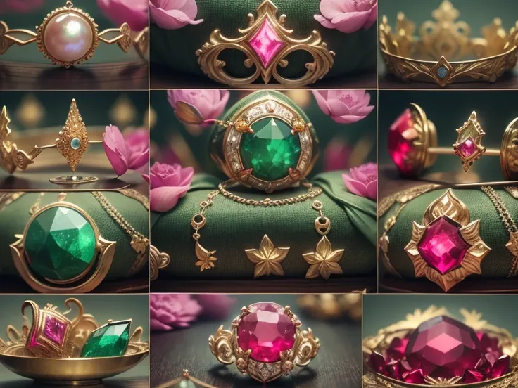 panoramic view, Green pink ruby red and gold color scheme,（Full Focus）, Antiques jewelry in display cases，wooden glass display case high end boutique shop, beautiful rare faceted gemstones in wooden display case,Gold jewelry products,magic item，Magic aura，...