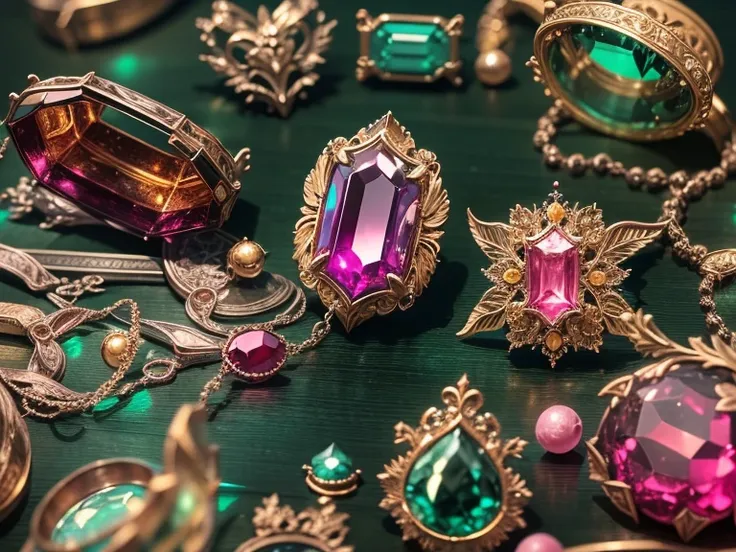 Green pink ruby red and gold color scheme,（Full Focus）, Antiques jewelry in display cases，Jewelry in a display case，beautiful rare faceted gemstones in wooden display case,Gold jewelry products,magic item，Magic aura，High-tech luxury， High-value jewelry,，ar...