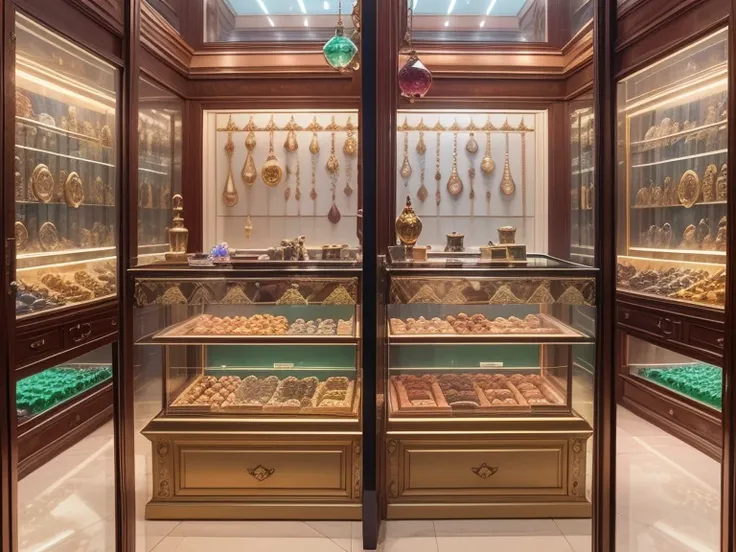 panoramic view, Green pink ruby and gold color gemstones scheme,（Full Focus）, dainty feminine Antique gemstone jewelry on soft cream velvet in glass display case at a highly detailed jewelry boutique shop in dubai, highly detailed beautiful rare faceted ge...