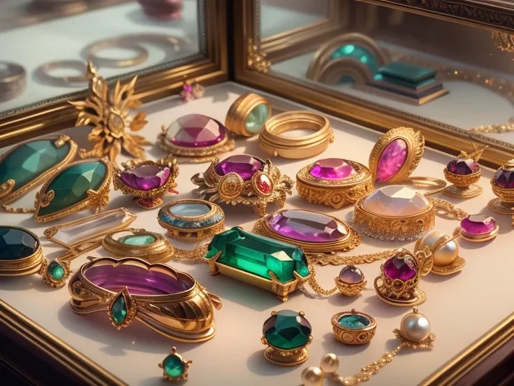 panoramic view, Green pink ruby and gold color gemstones scheme,（Full Focus）, dainty feminine Antique gemstone jewelry on soft cream velvet in glass display case at a highly detailed jewelry boutique shop in dubai, highly detailed beautiful rare faceted ge...