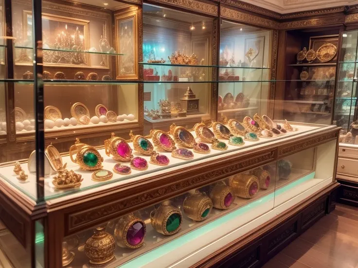 panoramic view, Green pink ruby and gold color gemstones scheme,（Full Focus）, dainty feminine Antique gemstone jewelry on soft cream velvet in glass display case at a highly detailed jewelry boutique shop in dubai, highly detailed beautiful rare faceted ge...