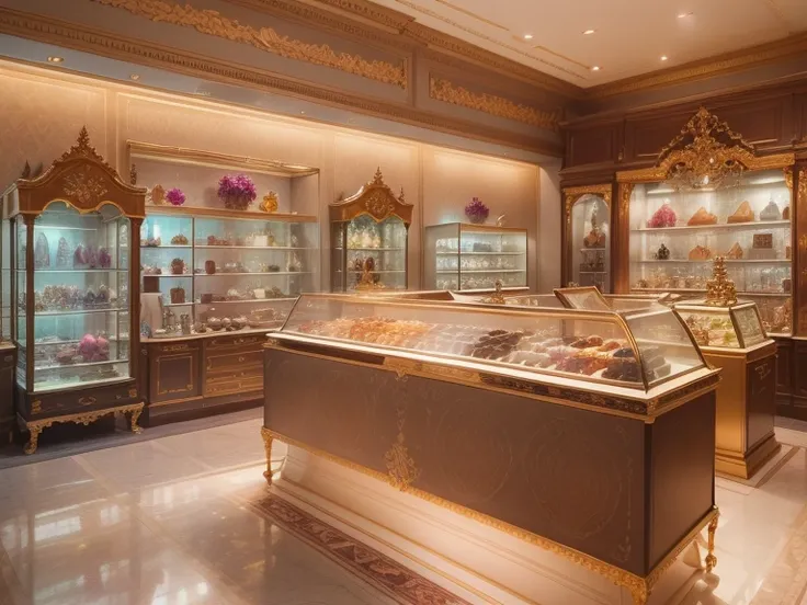 panoramic view, Green pink ruby and gold color gemstones scheme,（Full Focus）, dainty feminine Antique gemstone jewelry on soft cream velvet in glass display case at a highly detailed jewelry boutique shop in dubai, highly detailed beautiful rare faceted ge...