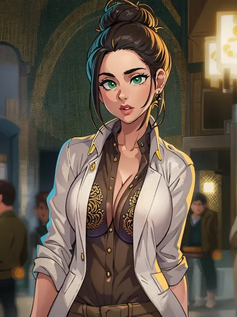 (best quality, masterpiece, illustration:1.1), [[[1girl]]], black bun haired jewish girl, (((big boobs))), huge boobs, [[[big nose!]]], Jew nose, wearing white shirt and pale olive jacket along with brown pants, beautiful, highly detailed, 4k, perfect body...