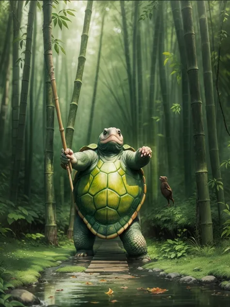 （big turtle in movie：1.5），turtle master：1.8，turtle master, kungfu，bamboo forrest，practice martial arts，zen feeling，holding a woo...