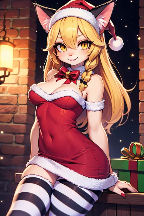 Professional photography, (Catgirl), ((cat ears)), blonde hair, (detailed eyes), smile, braid, Yellow eyes, golden eyeshadow, cat ears, lipstick, medium breasts, BREAK, (mini dress with jingle bell details), striped leggings, and a Santa hat, perfect for s...