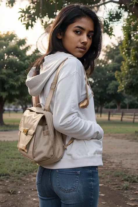 Tamil girl, age 22, realistic, standing under a tree, evening sun set, little foggy atmosphere, attractive face, with a back bag, white skin color, wearing jeans, hoody.