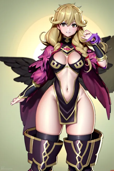 masterpiece, best quality, ultra-detailed, faye, harrier outfit, thick thighs, wide hips, smiling, solo, 8k resolution, huge breasts, gorgeous, hourglass figure, close-up, absurdres, cowboy shot