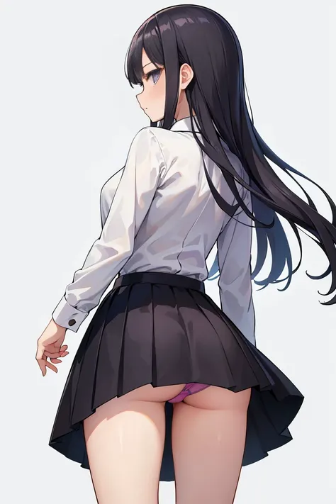 girls,(back-view),(skirt),(the skirt is short)(So much so that I can see my panties),(The woman looks back),(wearing a dress shirt),(Wetting)(Background with:daoshi)