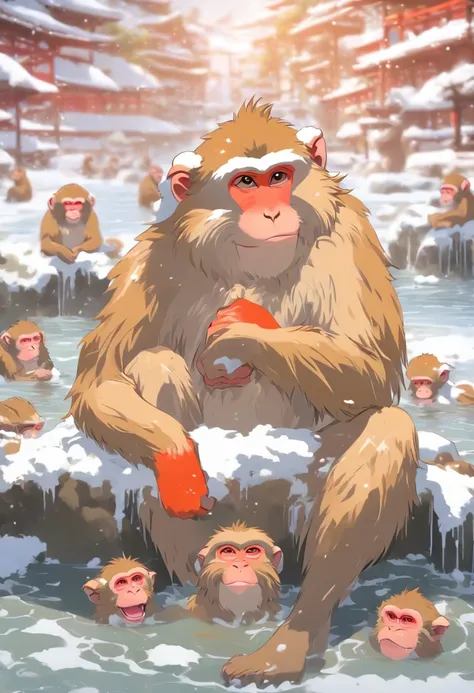 Japanese Macaque　Soak yourself up to your shoulders in an open-air bath　entrar　Nieve alrededor