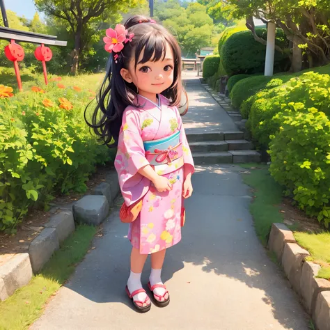 photoRealstic、Japan shrine in the background、３Year old girl、Wearing a kimono to celebrate Shichi-Go-San、Traditional events of Japan、Smile, kawaii pose 、 ultradetailed eyes、Full Paint、Floral hair ornament、butterfly hair ornament、on my right hand, I have a b...