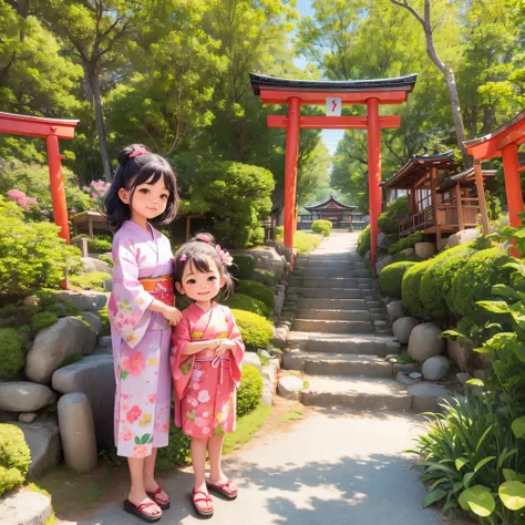 photoRealstic、Japan shrine in the background、３Year old girl、Wearing a kimono to celebrate Shichi-Go-San、Traditional events of Japan、Smile, kawaii pose 、 ultradetailed eyes、Full Paint、Floral hair ornament、butterfly hair ornament、on my right hand, I have a b...