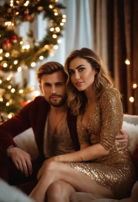 3/4 view, a hyperdetailed analog photograph of a 28yo couple-man and woman sitting on sofa in the Christmass room , Model, similar to Miley Cyrus tender and nice , stylish mini dress, detailed face, realistic eyes, big boob