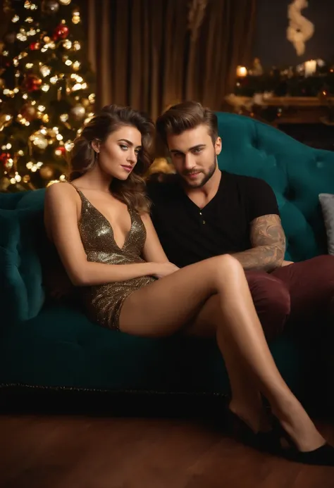 3/4 view, a hyperdetailed analog photograph of a 28yo couple-man and woman sitting on sofa in the Christmass room , Model, similar to Miley Cyrus tender and nice , stylish mini dress, detailed face, realistic eyes, big boob