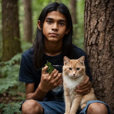 close-up view: very slim teenage boy, indian, thin face, light brown skin color, black straight long hair, long hair, straight hair, sitting in the forest, holding a cat in his hands