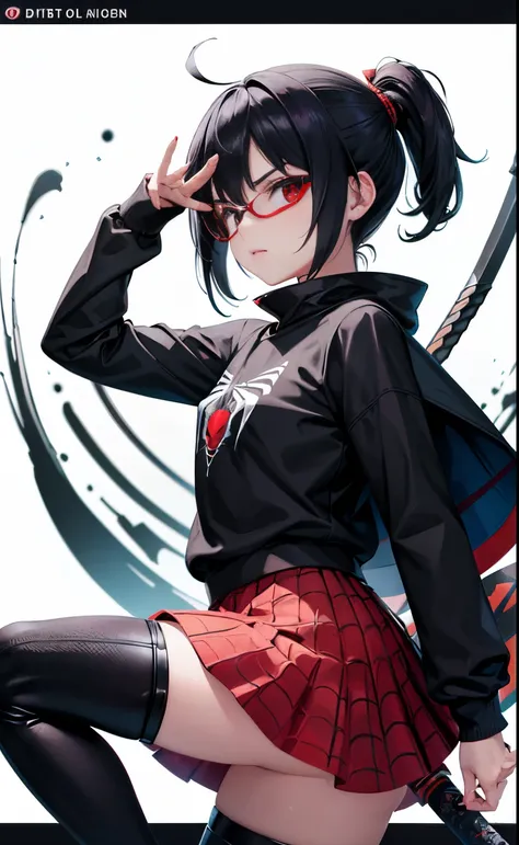 Girl  child  infant body,  spider-man mask black , black hair frinje ,  anime stily , Red lentes , serious  , seios planos ,    , spider-man uniform, skirt  ninja stily,  katana , botas longas  , katana . Cidade  .