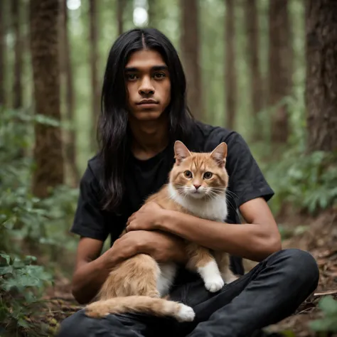 close-up view: very slim teenage boy, indian, thin face, light brown skin color, black straight long hair, long hair, straight hair, sitting in the forest, holding a cat in his hands