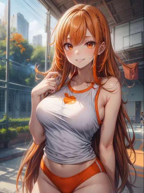 top-quality、Full limbs、complete fingers、1girl in、((one beautiful women、独奏))、Beautiful Large Breasts、Long Hair、straight haired、orange color hair、(White gym uniform that covers the upper body)、((orange high leg spats))、schools、School Grounds、school buildings...