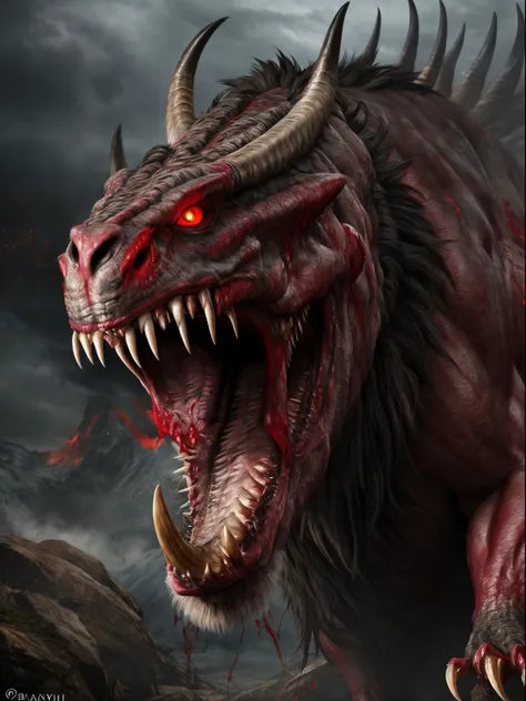 Photorealistic, a colossal prehistoric predator showing teeth very aggressively, a terrifying aura, evil eyes and bloody fur.