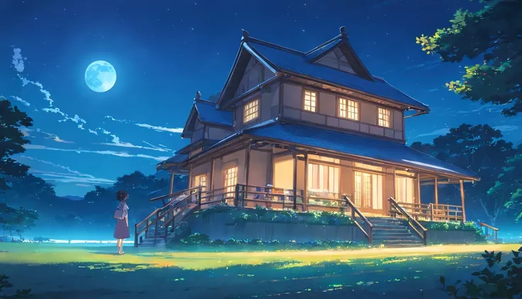 no people, country house view, night scene, with clear sky, shining moon, with blue coloring, high resolution