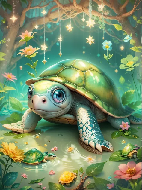 ((Fairytale)), ((The cute turtle illustration is drawn)), largeeyes, Round eyes, eyes glowing, (a variety of poses), Beautiful garden in the background, Colorful flowers bloom, Pink, blue and yellow flowers. it&#39;s bathed in light, The floor is studded w...