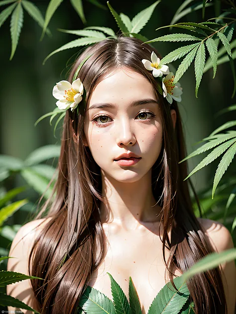 photo of majestic goddess marijuana, cannabis leaves, hemp print, watercolor, humanoid body composed entirely of flowers and foliage, skin green and composed of intricately detailed leaves and vines, lush enchanted forest background, butterflies, light eff...