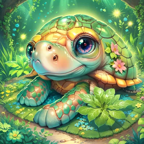 ((fairytale)), ((the cute turtle illustration is drawn)), largeeyes, round eyes, eyes glowing, (a variety of poses), beautiful g...