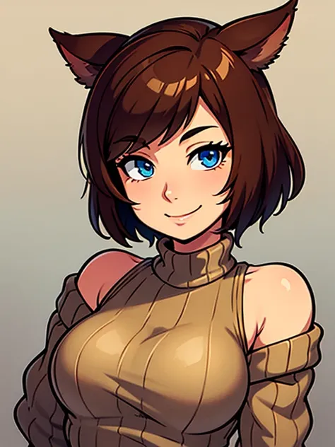 Miqo&#39;te, brown hair, blue eyes, sweater, smile, close up, short hair, final fantasy 14, solo