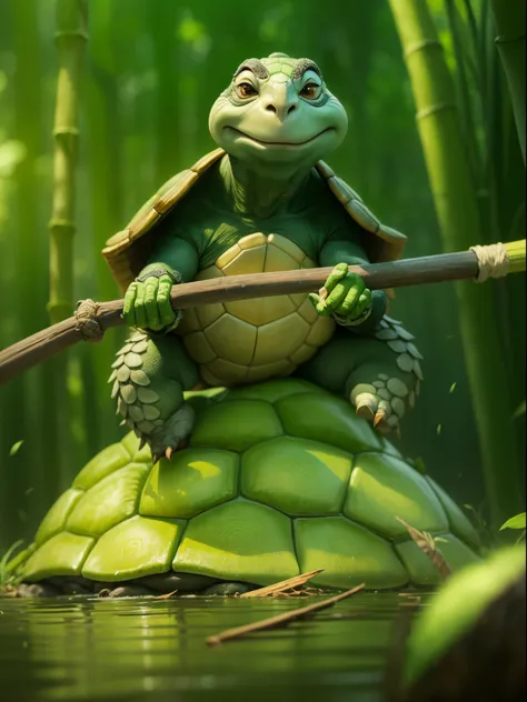 （big turtle in movie：1.5），Turtle Master：1.8，Master Oogway, Kungfu，bamboo forrest，Practice martial arts，zen feeling，holding a wooden cane，