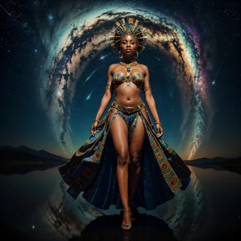 full body angle shot image, In a mesmerizing display of cosmic beauty, a hypnotic holographic African woman dressed in  African designed clothes and african designed beads and headdress with vibrant colors, shines with stars and galaxy glowing on her skin,...