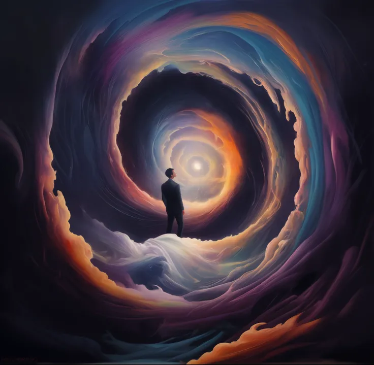 painting of a man standing in a vortex of colors, cloud vortex, standing in a maelstrom, surreal oil on canvas, epic surrealism 8k oil painting, portal dimensional, inspirado em Cyril Rolando, rob mcnaughton, pintura surrealista, surreal oil painting, pint...